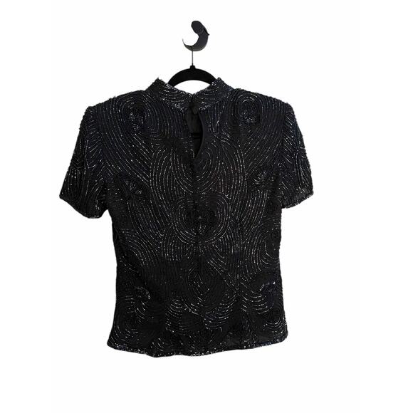 Papell Boutique Evening Beaded Sequin Silk Top Black Short Sleeve Size Small - Picture 14 of 16
